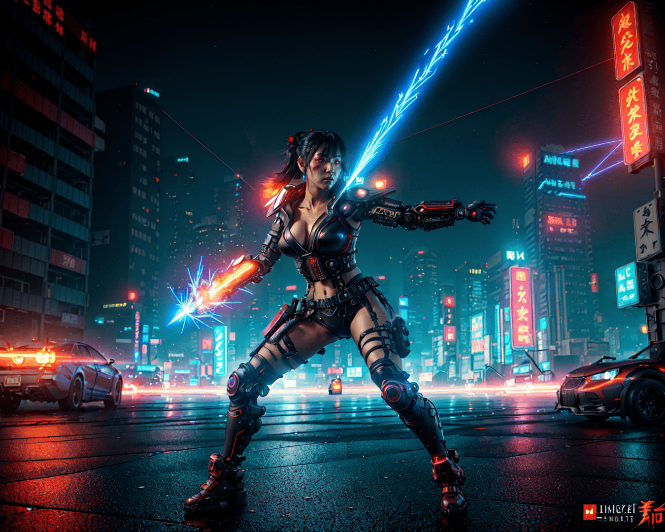 AI generated wallpaper featuring cybernetic warrior, urban cityscape