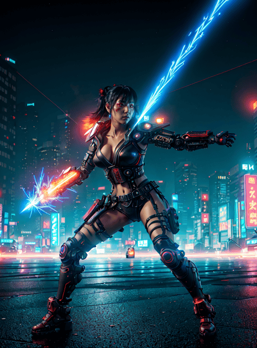 cybernetic warrior, urban cityscape