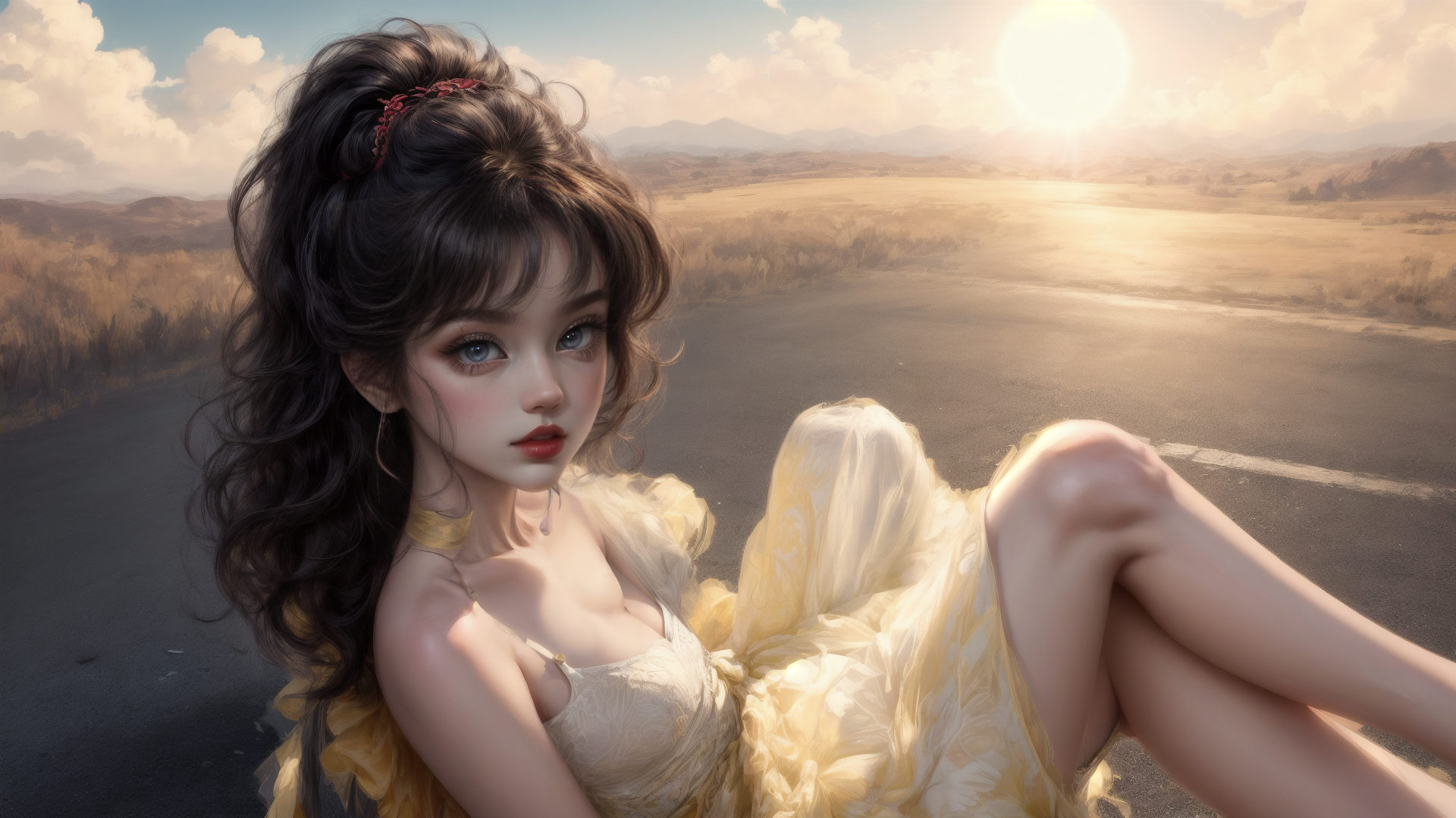 AI generated wallpaper featuring woman, dress, road