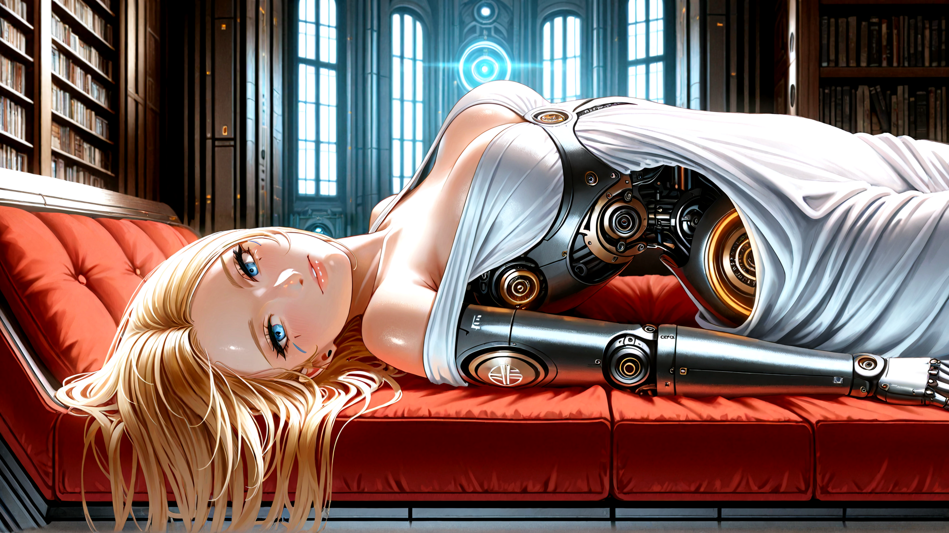 AI generated wallpaper featuring cyborg, woman, robot, bookshelf, couch, window