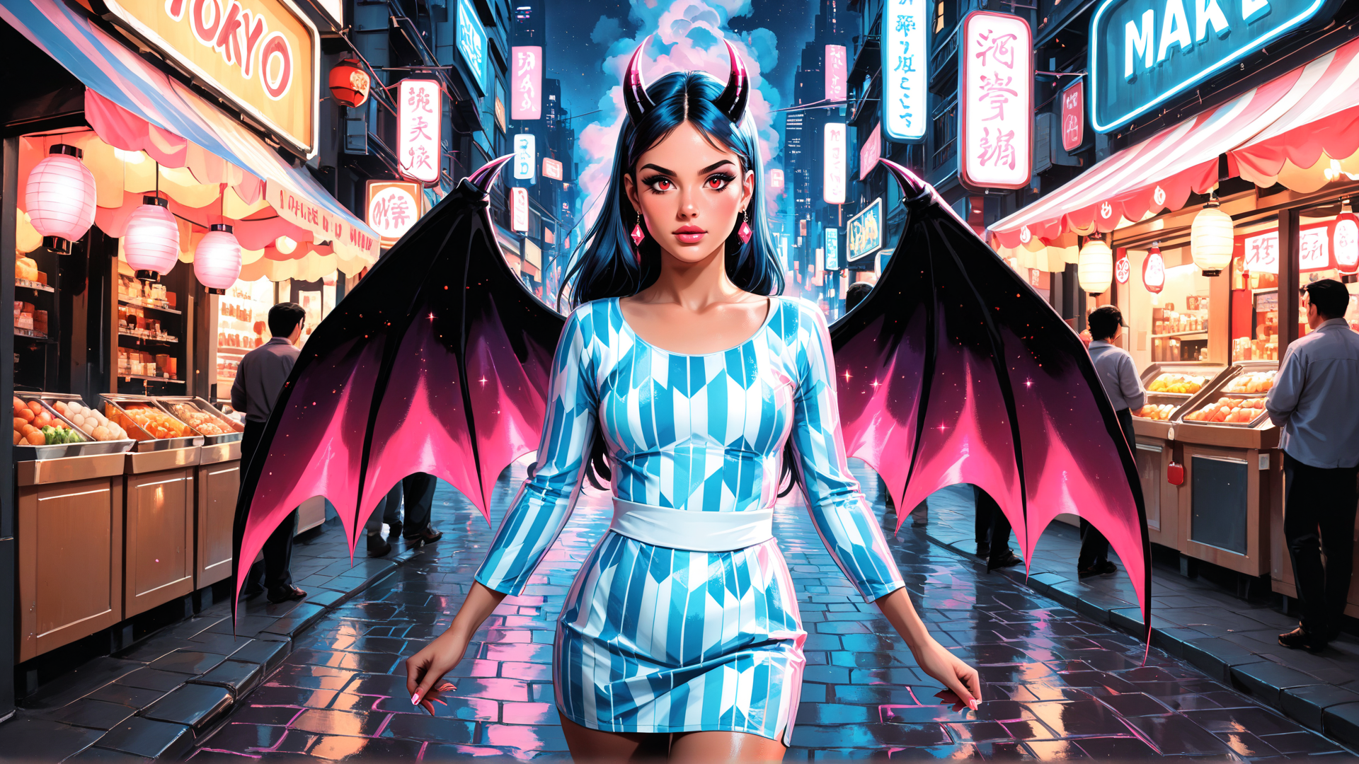 AI generated wallpaper featuring woman, demon, city, market, angel, dragon, street, neon, signs, wings