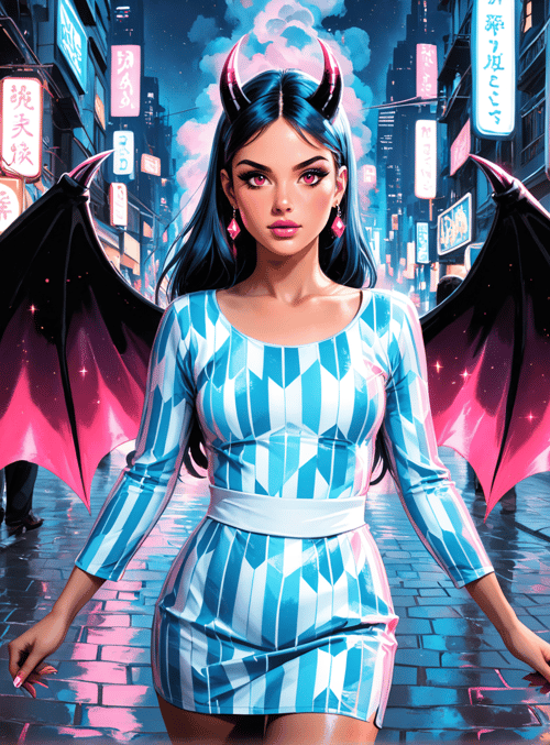woman, demon, city, market, angel, dragon, street, neon, signs, wings