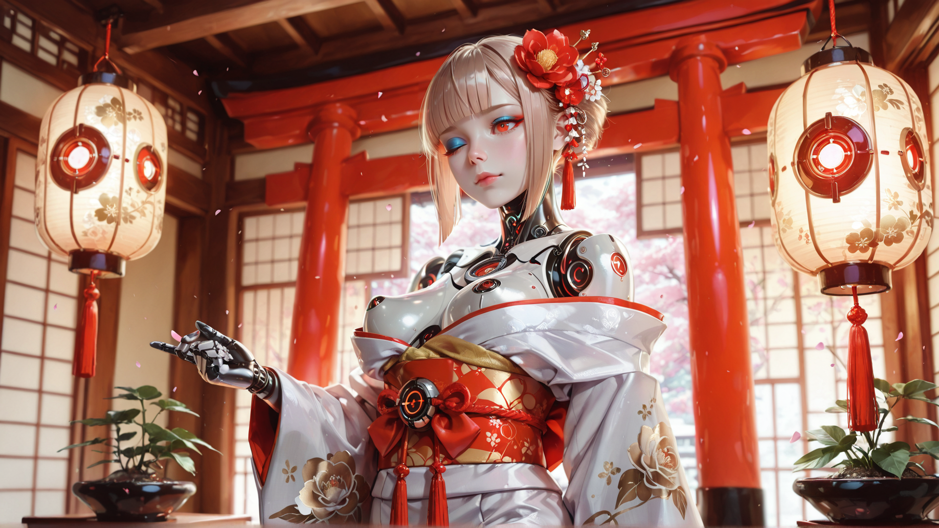 AI generated wallpaper featuring robot, geisha, kimono, lantern, cherry blossom, sakura, blossom, flower, garden, traditional