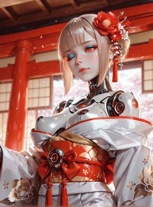 robot, geisha, kimono, lantern, cherry blossom, sakura, blossom, flower, garden, traditional