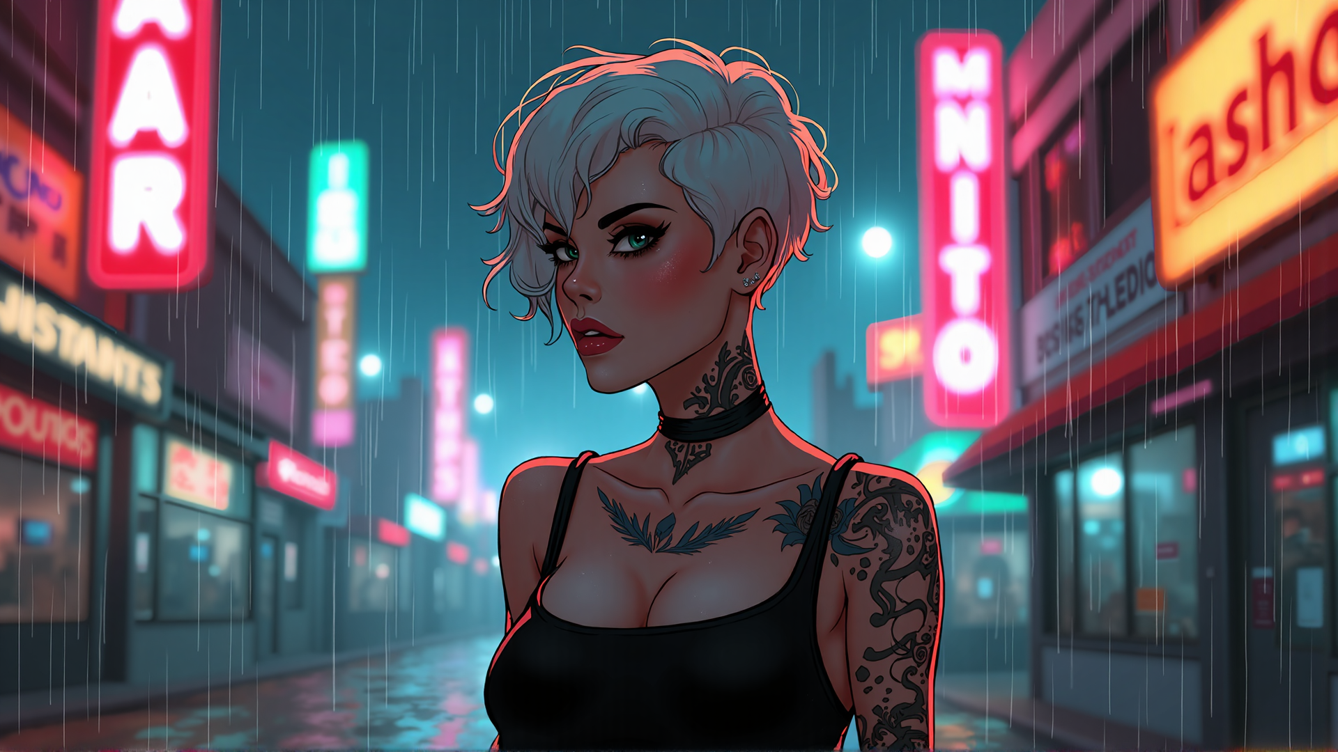 AI generated wallpaper featuring woman, tattoo, rain, neon, city