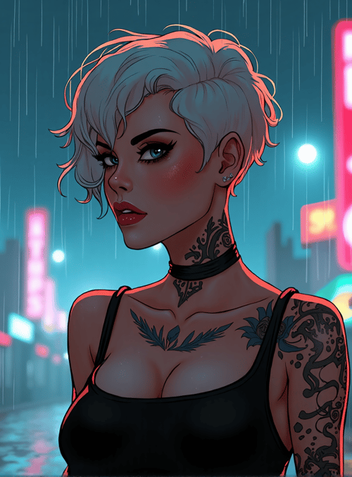 woman, tattoo, rain, neon, city