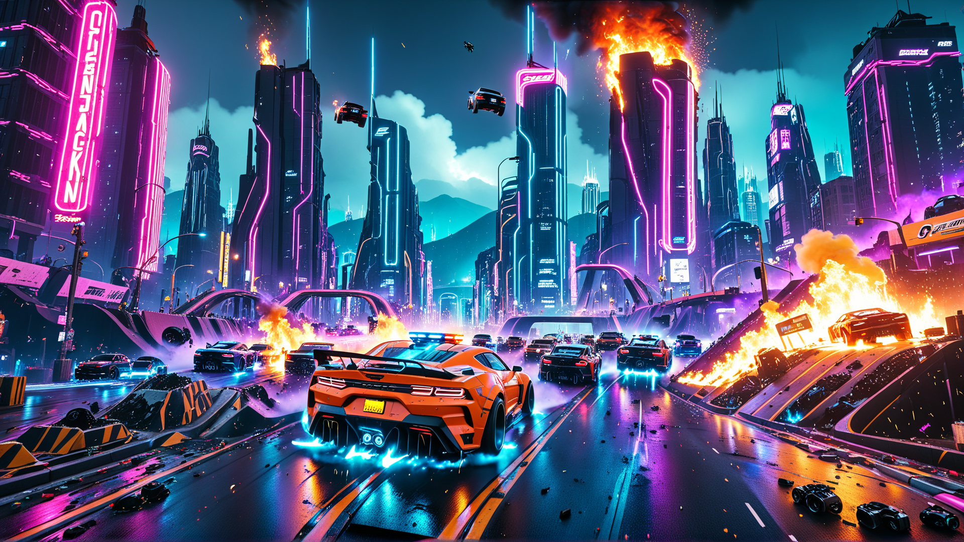 AI generated wallpaper featuring cars, cityscape, skyscrapers