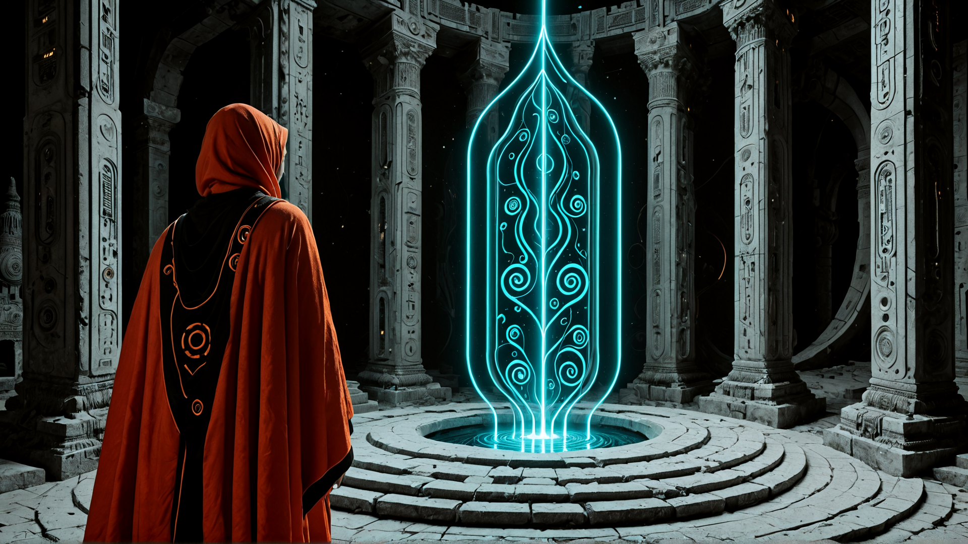 AI generated wallpaper featuring figure, ancient ruins, glowing artifact, stone columns, hooded person, neon symbol