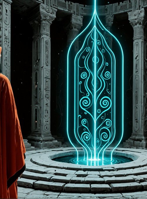 figure, ancient ruins, glowing artifact, stone columns, hooded person, neon symbol