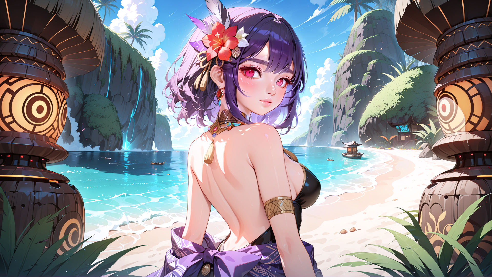 AI generated wallpaper featuring girl, beach, tiki, palm, flower, water, sand, island, boat, sun