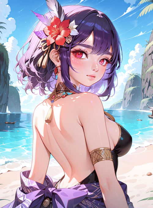 girl, beach, tiki, palm, flower, water, sand, island, boat, sun