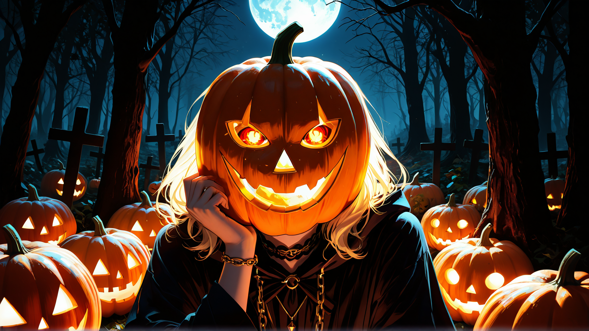 AI generated wallpaper featuring pumpkin, woman, moon, trees, graveyard, jack-o'-lantern