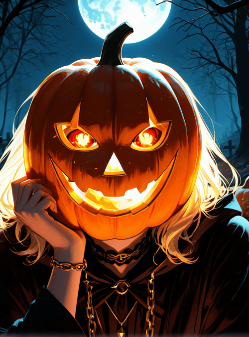 pumpkin, woman, moon, trees, graveyard, jack-o'-lantern