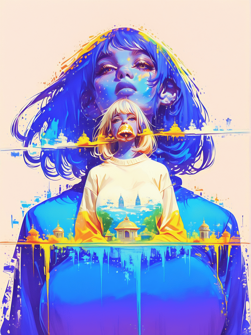 AI generated wallpaper featuring woman, child, cityscape, dome, buildings, painting, watercolor, surreal