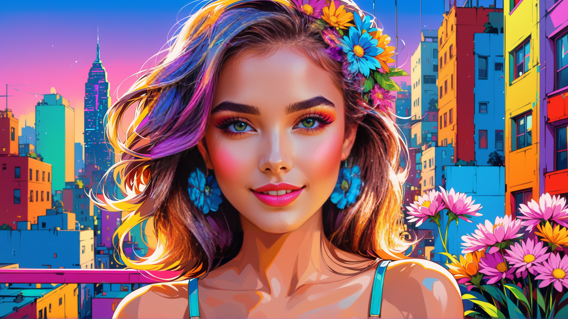 AI generated wallpaper featuring woman, flowers, city