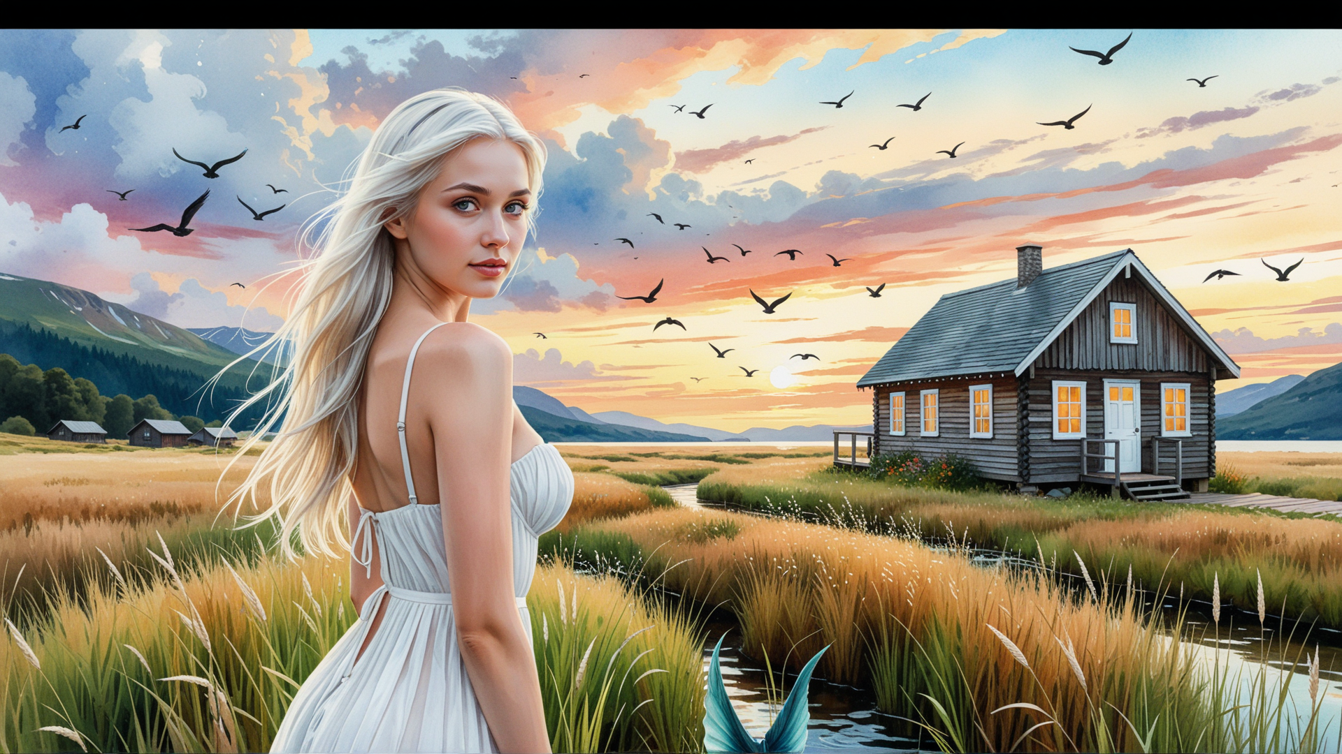 AI generated wallpaper featuring woman, house, birds, grass, lake, mountains