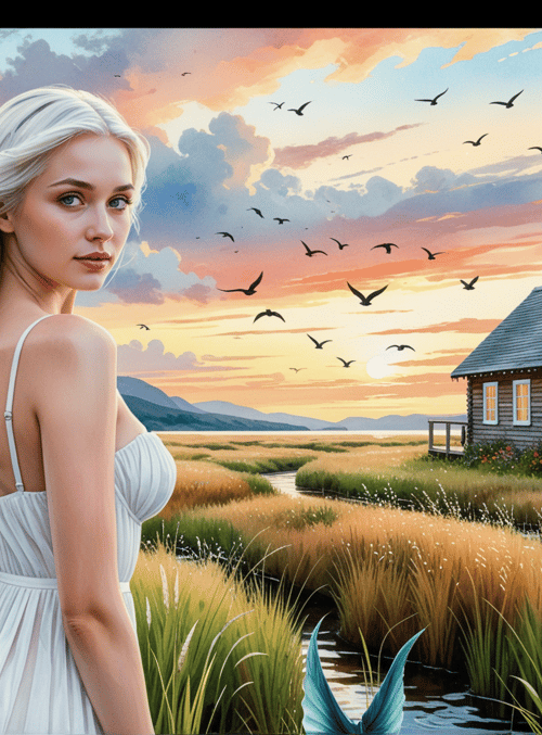woman, house, birds, grass, lake, mountains