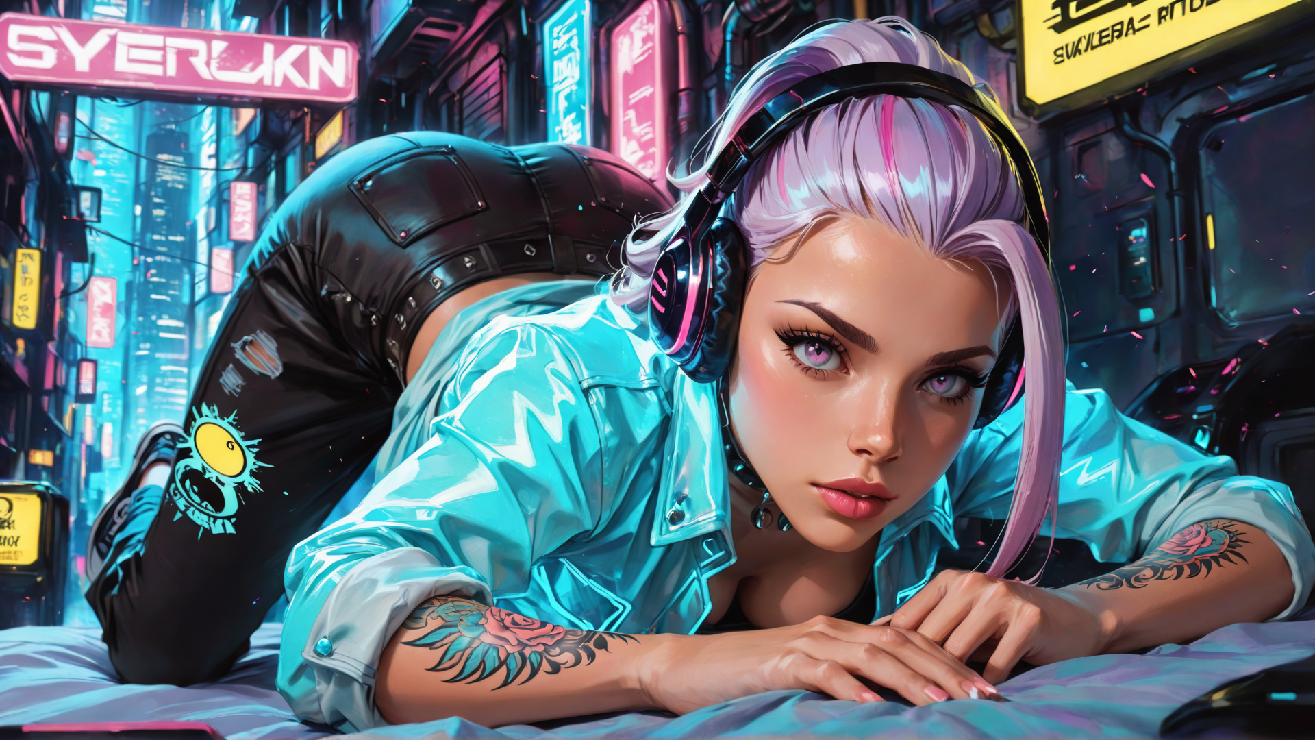 AI generated wallpaper featuring woman, cyberpunk, headphones, tattoo, neon, city