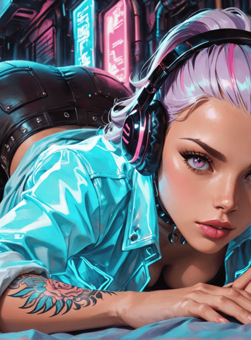 woman, cyberpunk, headphones, tattoo, neon, city