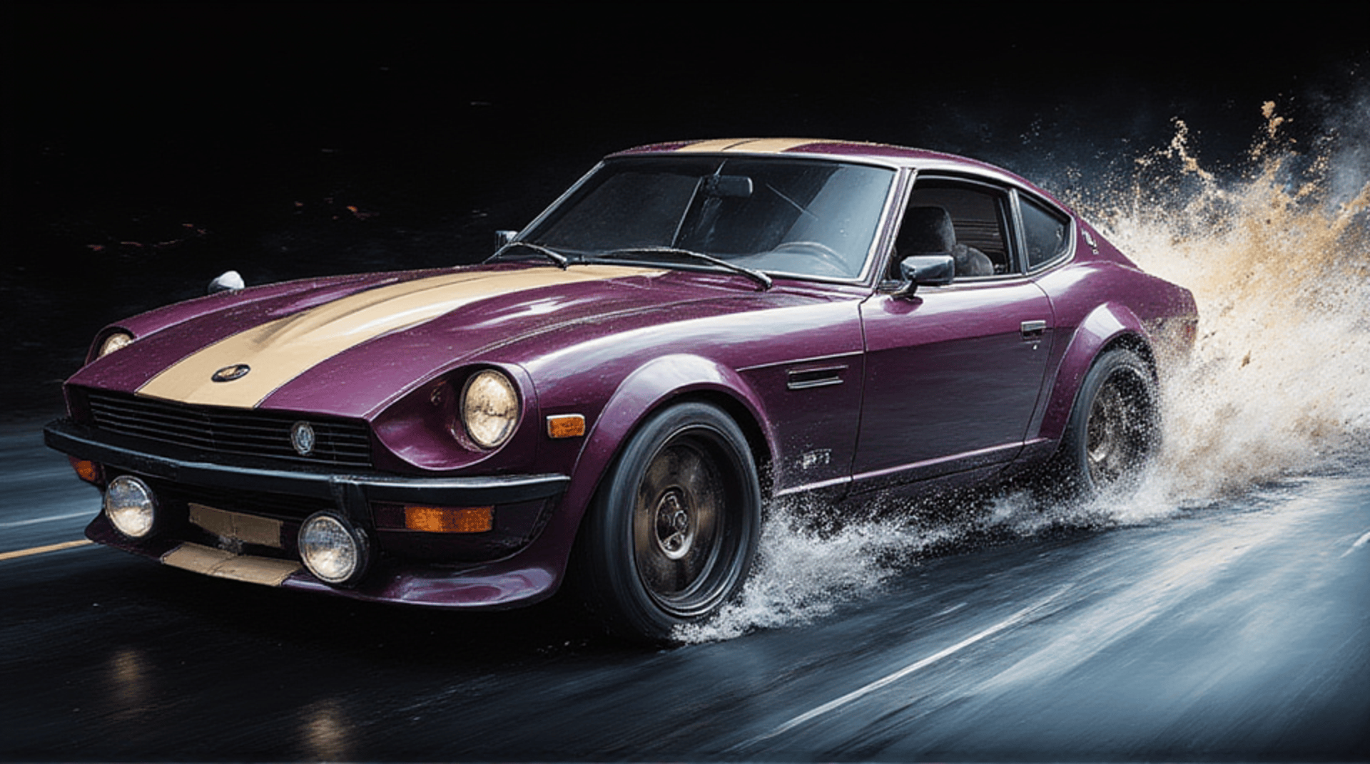 AI generated wallpaper featuring car, sports car, classic car, nissan 240z, road, splash