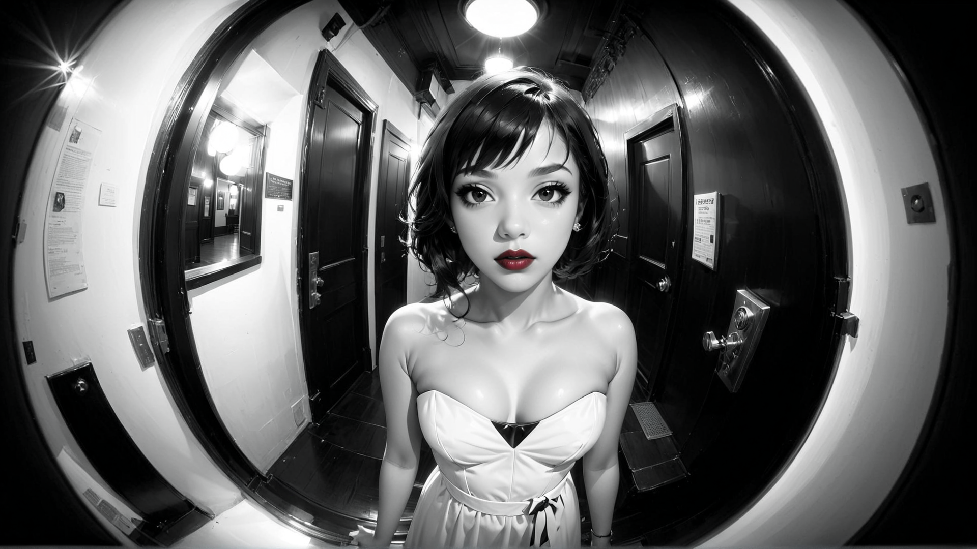 AI generated wallpaper featuring woman, dress, door, corridor, fisheye