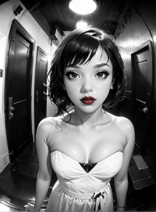 woman, dress, door, corridor, fisheye