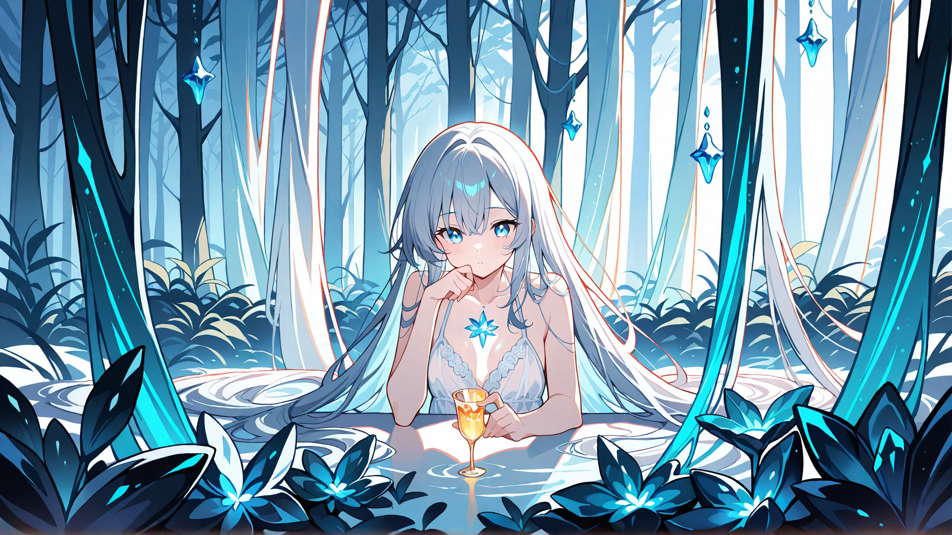 AI generated wallpaper featuring girl, forest, crystal, wine glass, plants