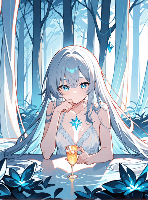 girl, forest, crystal, wine glass, plants