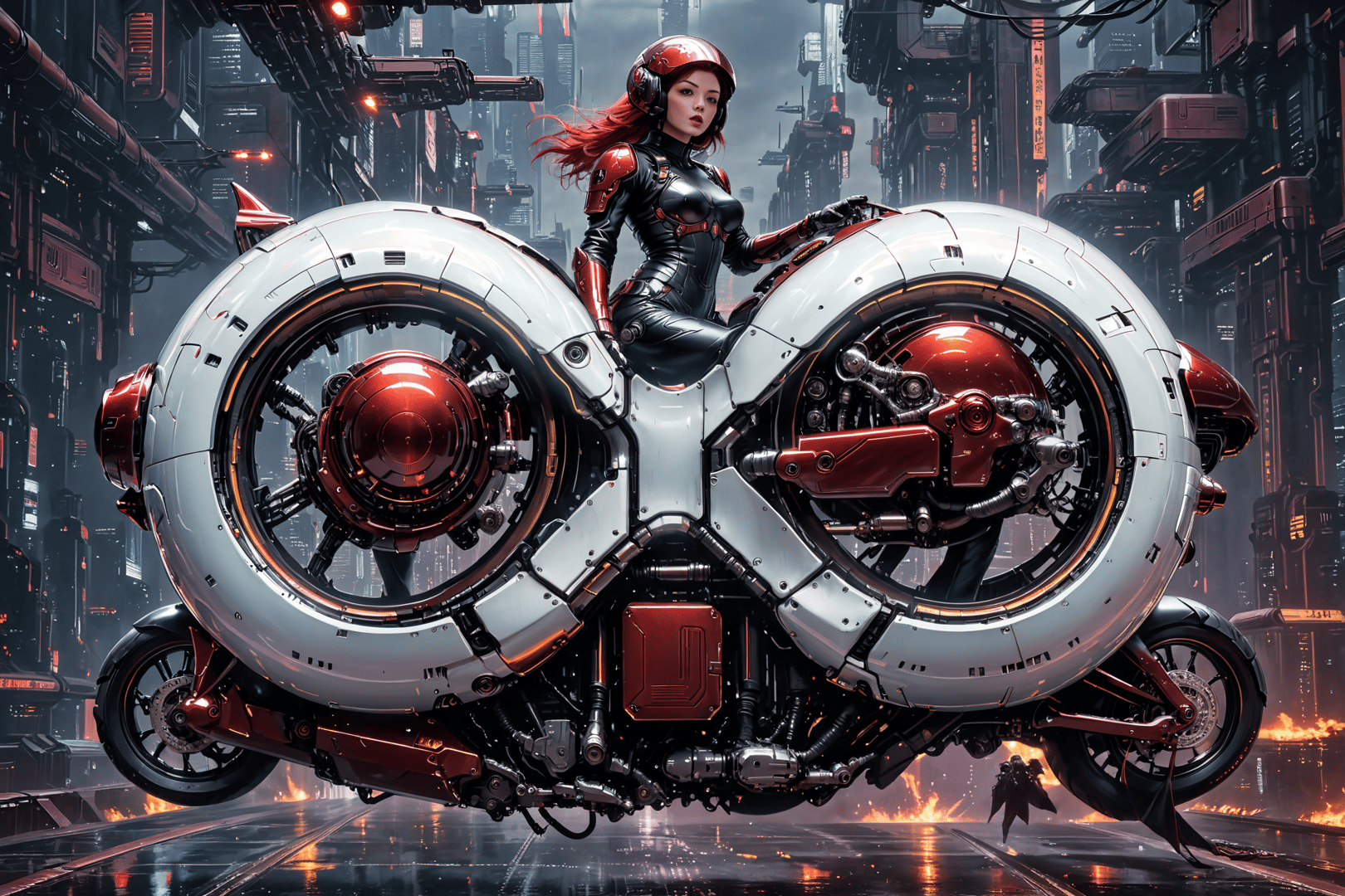 AI generated wallpaper featuring woman, motorcycle, cyberpunk
