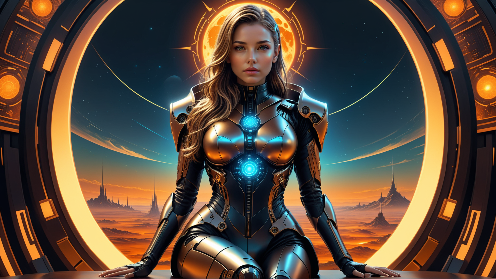 AI generated wallpaper featuring woman, cyborg, spacesuit, armor, goggles, sunglasses, helmet, swords