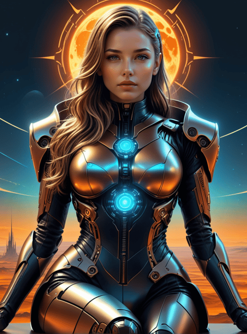 woman, cyborg, spacesuit, armor, goggles, sunglasses, helmet, swords