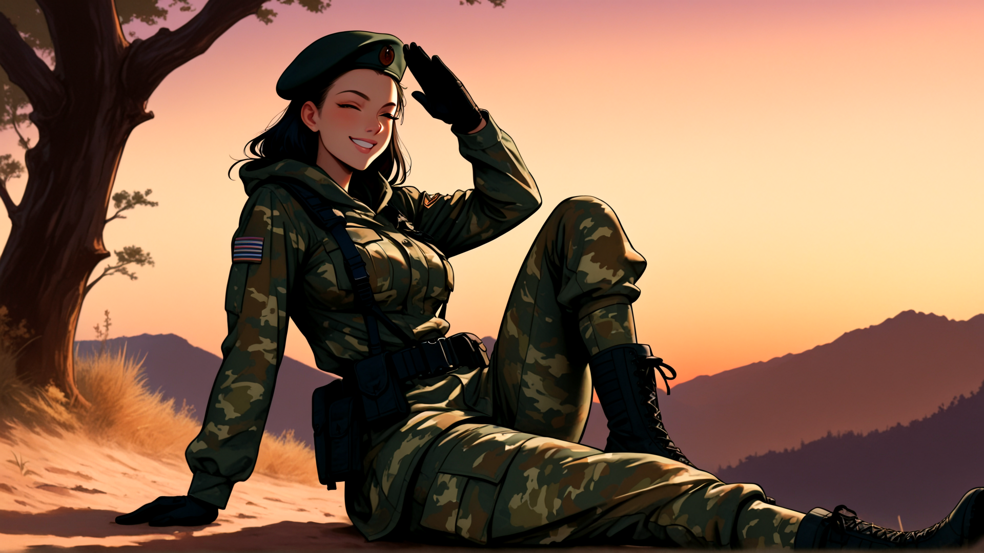 AI generated wallpaper featuring woman, soldier, military, uniform, hat, boot, tree, mountain, sunset, sand