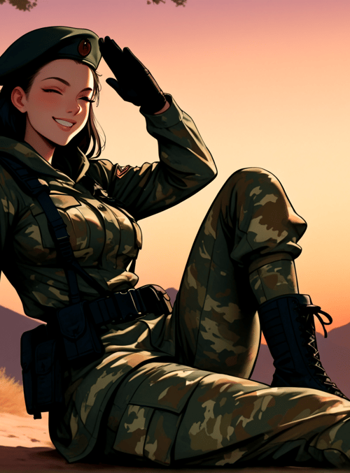 woman, soldier, military, uniform, hat, boot, tree, mountain, sunset, sand