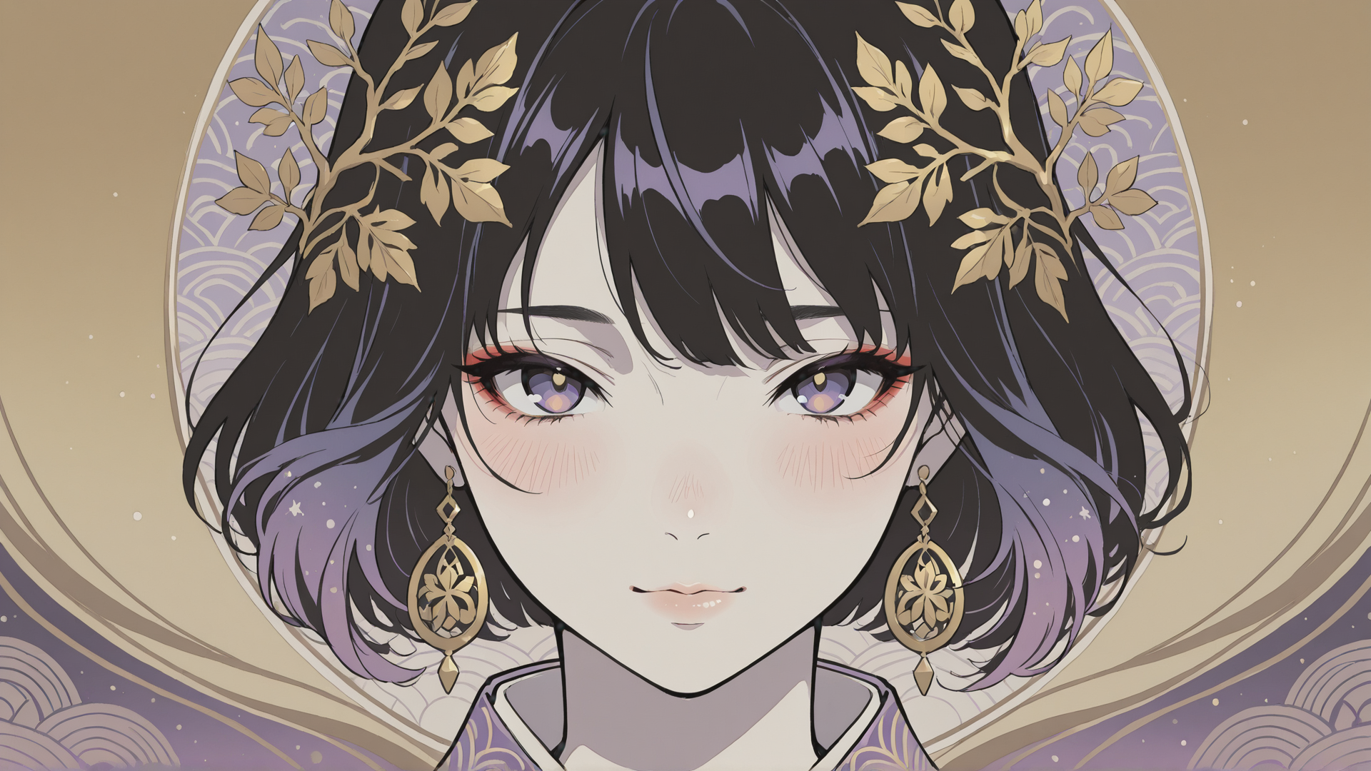 AI generated wallpaper featuring woman, hair, earrings, leaves, clothing