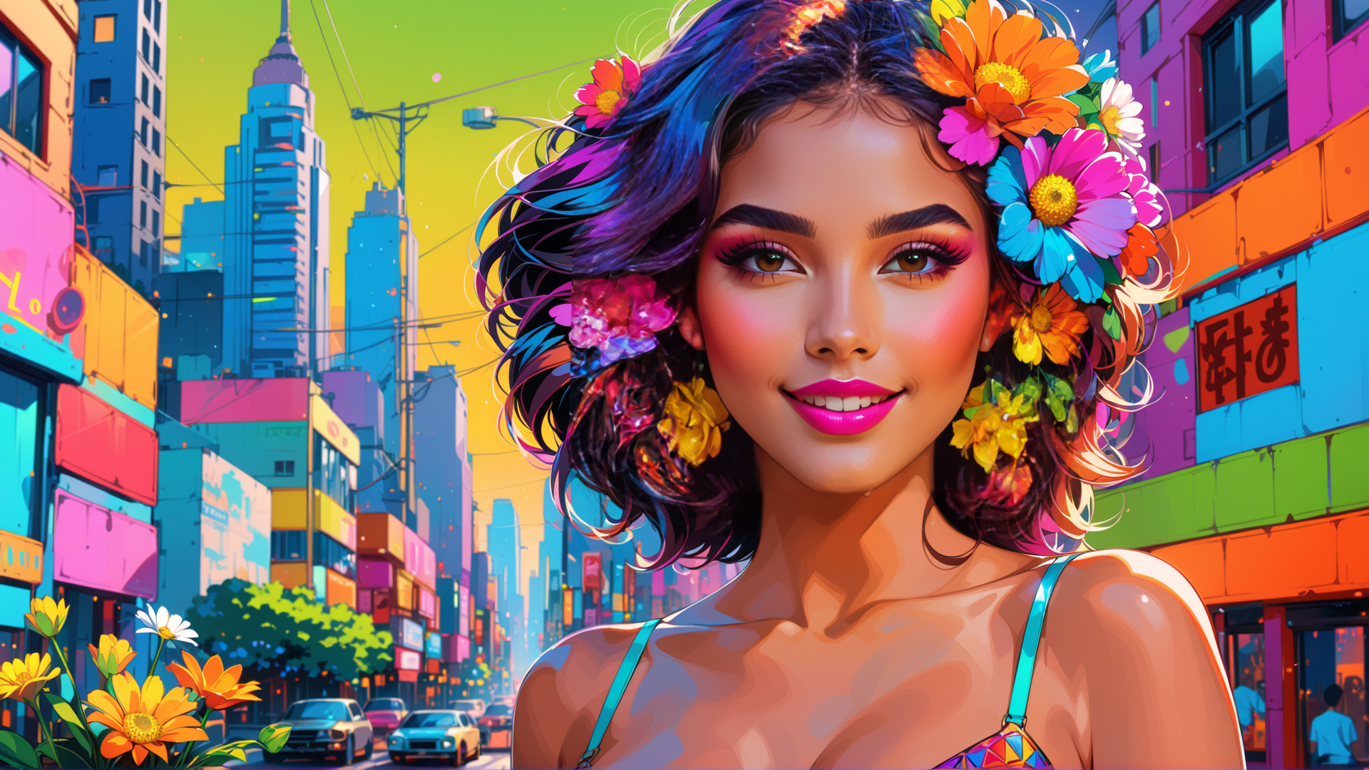 AI generated wallpaper featuring woman, flowers, city
