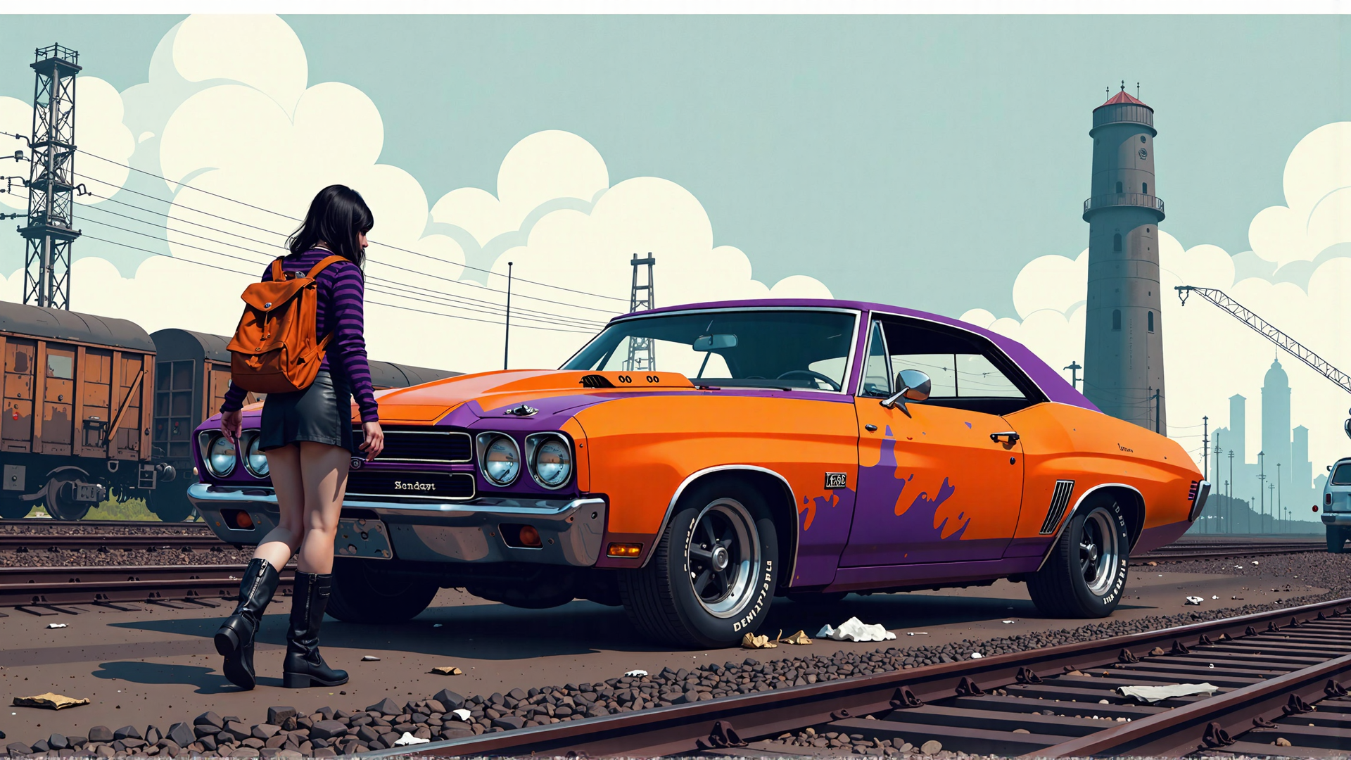 AI generated wallpaper featuring girl, car, train, railroad, lighthouse