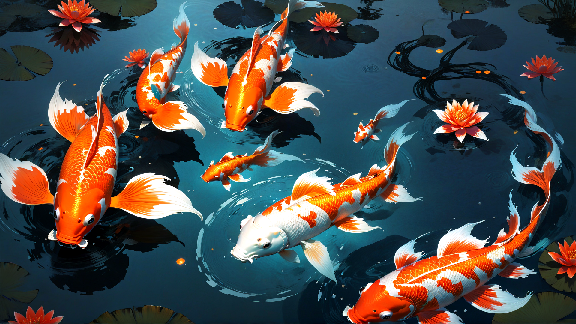 AI generated wallpaper featuring koi fish, lotus, water, lily pads, fish pond