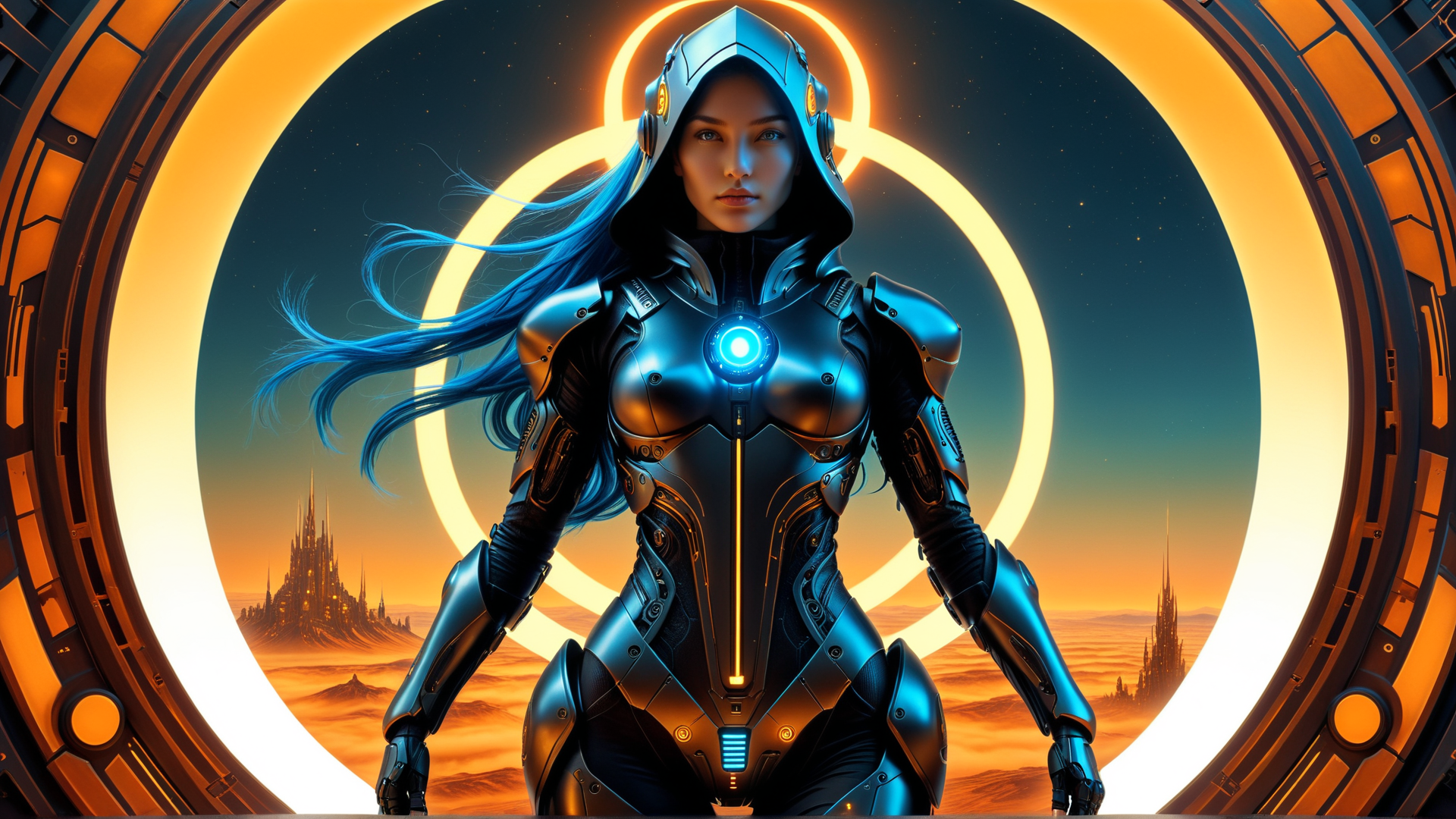 AI generated wallpaper featuring cyborg, female, armor, goggles, helmet, gloves, hood, ring