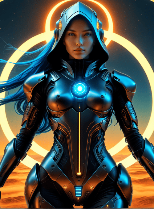 cyborg, female, armor, goggles, helmet, gloves, hood, ring