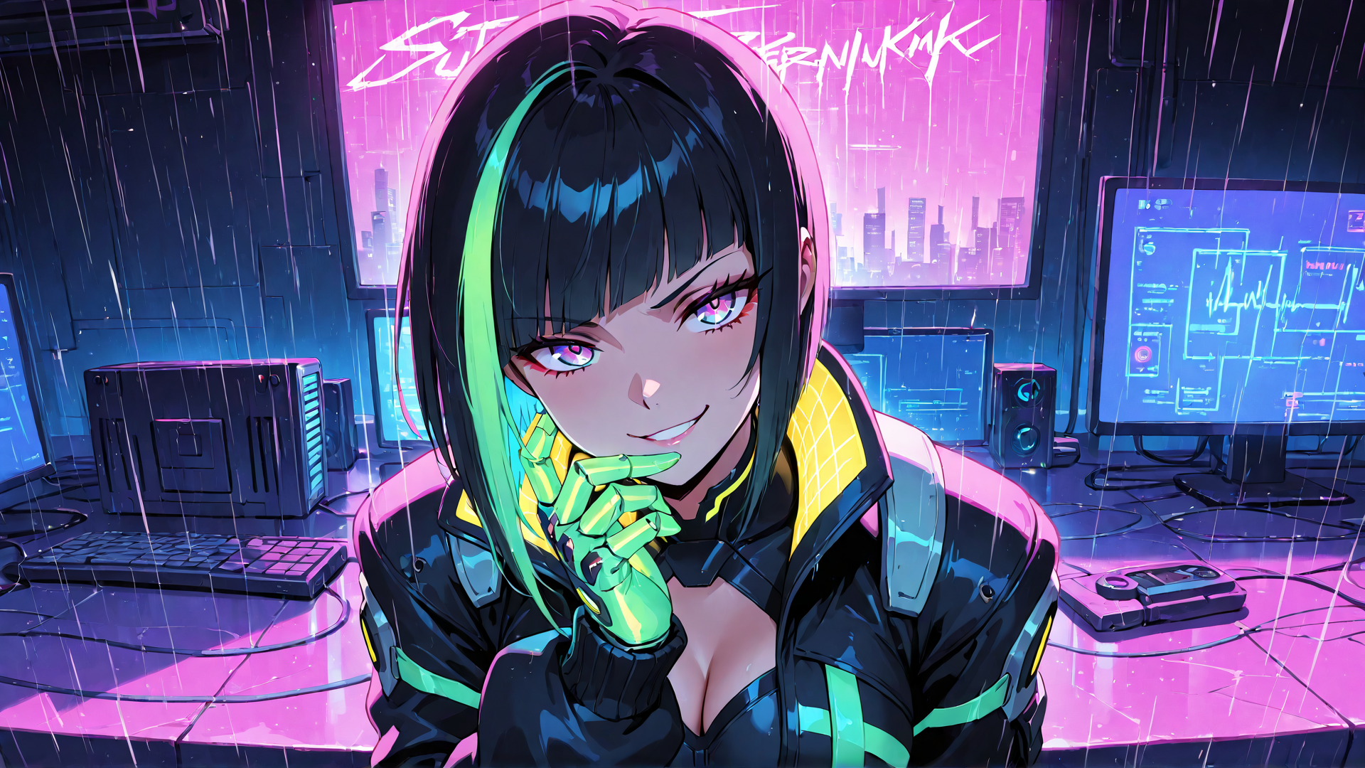 AI generated wallpaper featuring cyberpunk girl, robotic hand, computer setup