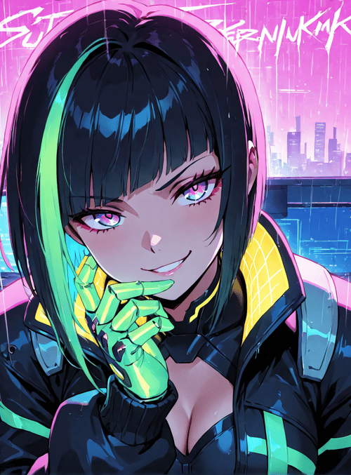 cyberpunk girl, robotic hand, computer setup