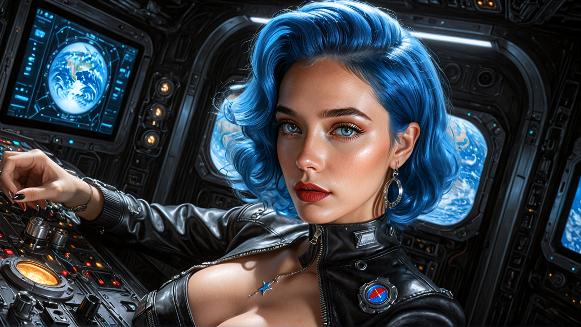 AI generated wallpaper featuring woman, spaceship, control panel, earth, hair, jacket, earring, screen