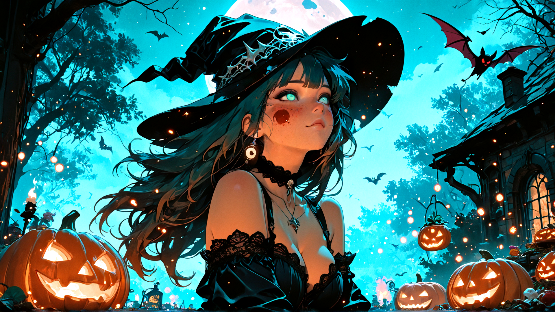 AI generated wallpaper featuring witch, pumpkin, bat, moon, tree, house, lantern, sparkle, gloomy, halloween