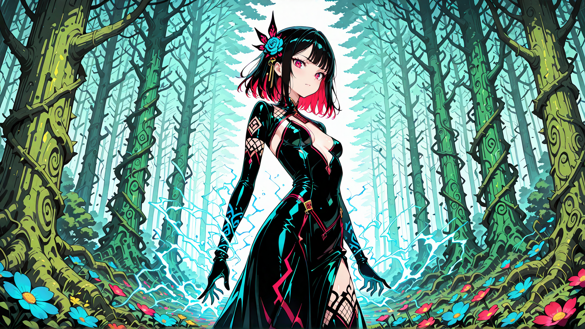 AI generated wallpaper featuring anime girl, forest, trees, flowers, electricity