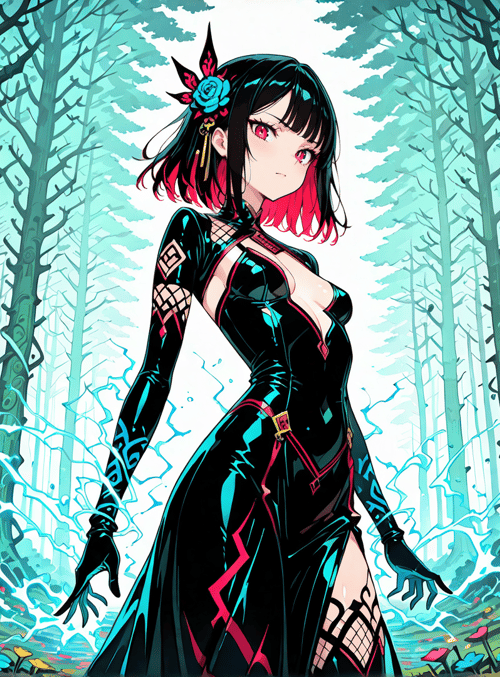 anime girl, forest, trees, flowers, electricity