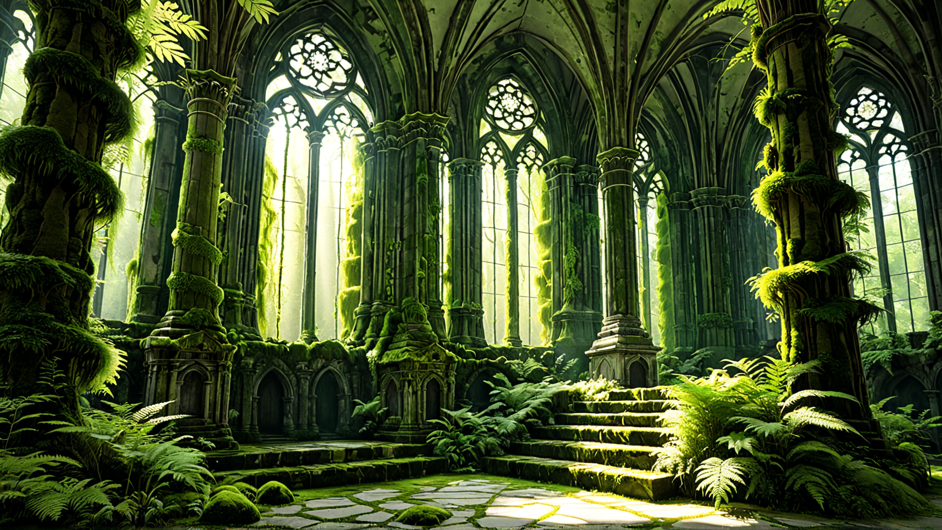 AI generated wallpaper featuring cathedral, moss, ferns, columns, stained glass, stone, steps, ruins, trees, light