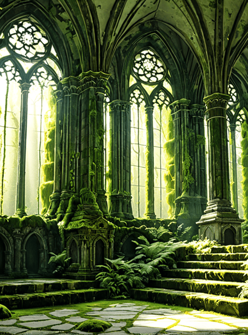 cathedral, moss, ferns, columns, stained glass, stone, steps, ruins, trees, light