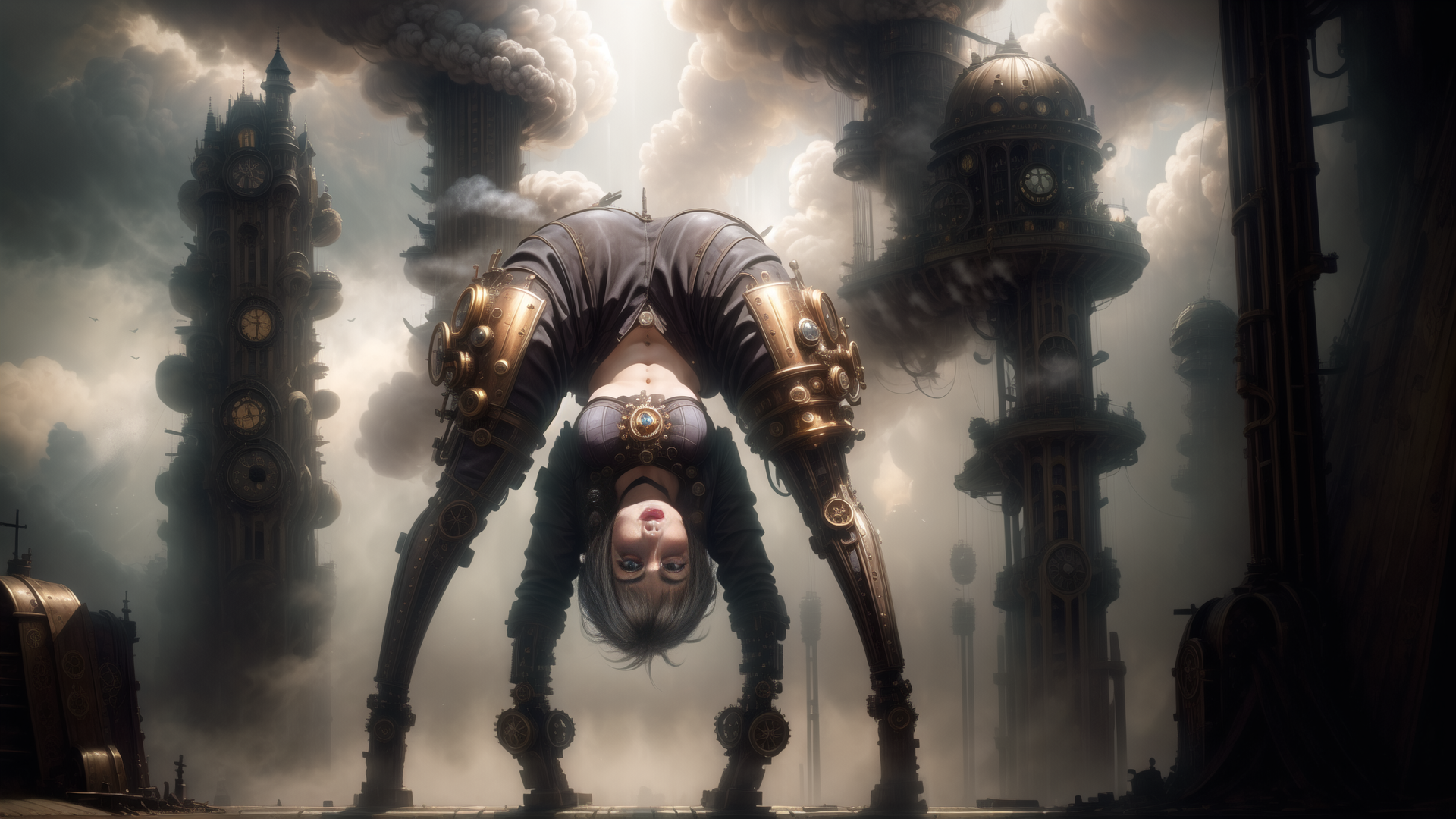AI generated wallpaper featuring mechanical, clock tower, steampunk