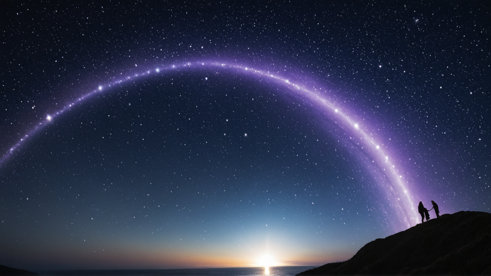 AI generated wallpaper featuring stars, galaxy, sunset, couple, mountain