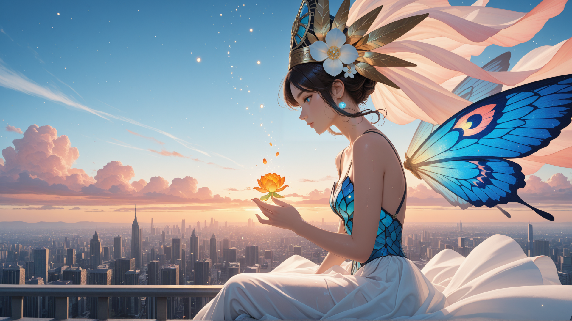 AI generated wallpaper featuring fairy, butterfly, lotus, cityscape, girl, dress